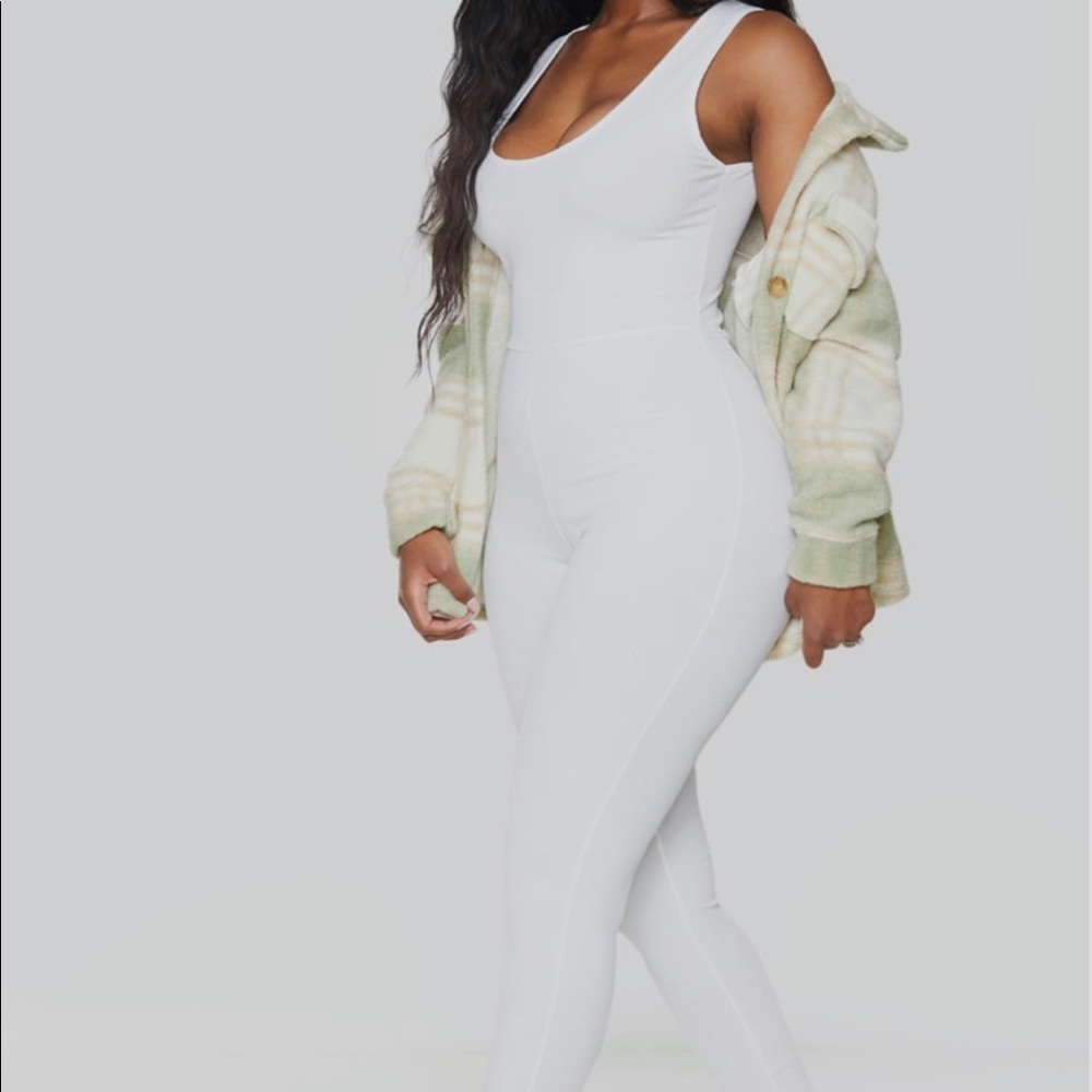 Cream Ribbed Scoop Neck Jumpsuit